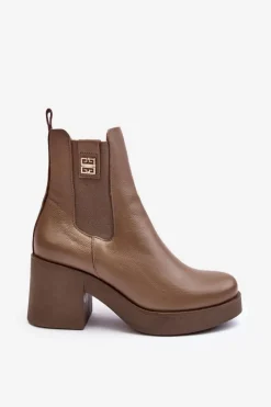 Discount Boto Skórzane Damskie Botki Na Obcasie Lemar Brązowe Kodra