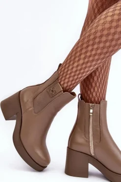 Discount Boto Skórzane Damskie Botki Na Obcasie Lemar Brązowe Kodra