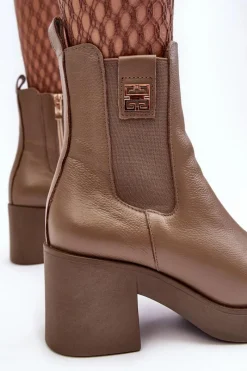 Discount Boto Skórzane Damskie Botki Na Obcasie Lemar Brązowe Kodra