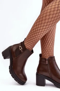 Clearance Skórzane Damskie Botki Na Masywnym Słupku Brązowe Belinda Damskie Botki Wiosenne|Botki Na Słupku