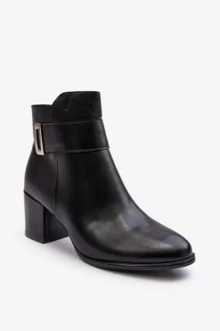 Botki Zimowe Damskie|Botki Na Obcasie>Buty Sergio Leone Skórzane Damskie Botki Na Słupku Czarne Starines