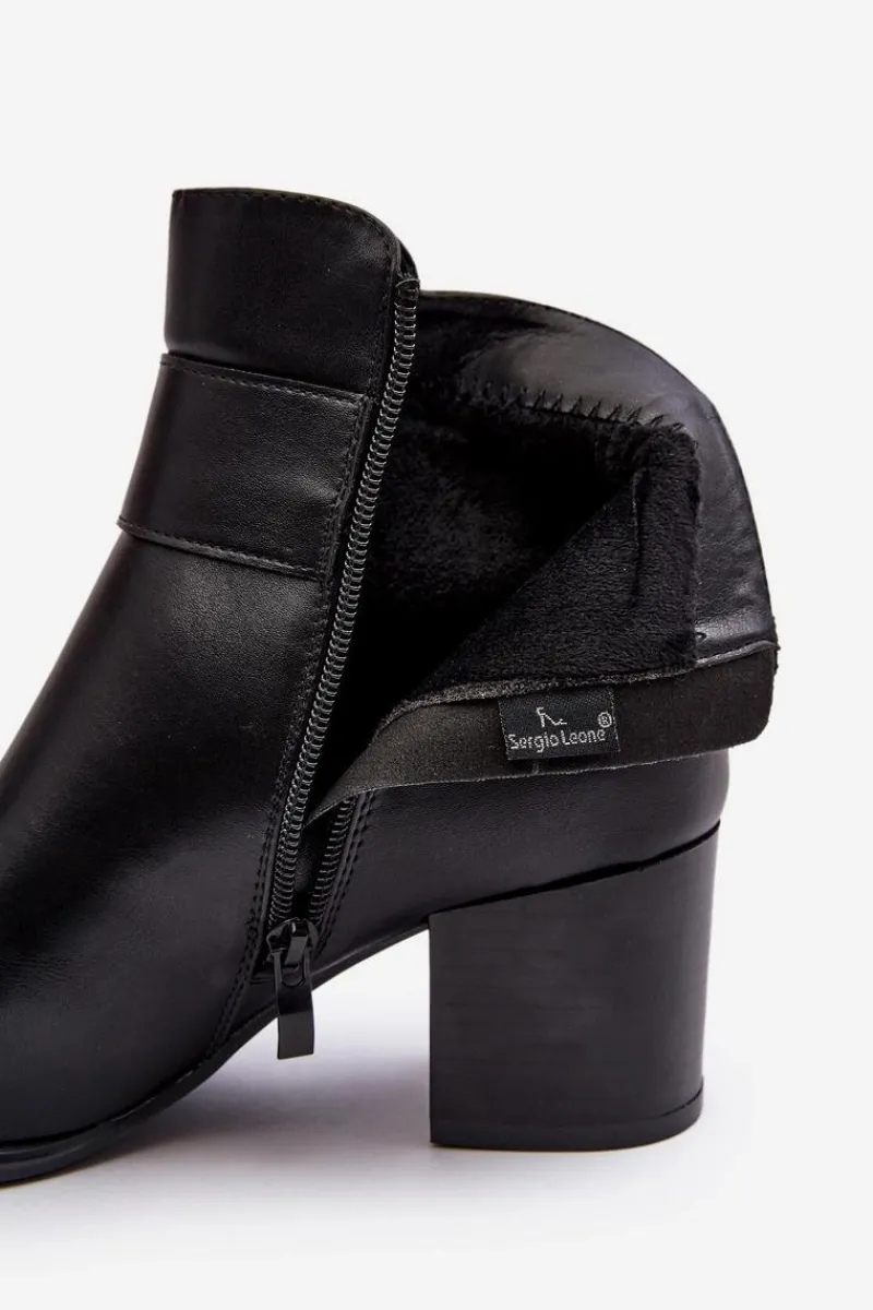 Botki Zimowe Damskie|Botki Na Obcasie>Buty Sergio Leone Skórzane Damskie Botki Na Słupku Czarne Starines