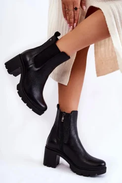 Boto Skórzane Damskie Botki Na Platformie Czarne Martine
