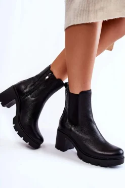 Boto Skórzane Damskie Botki Na Platformie Czarne Martine