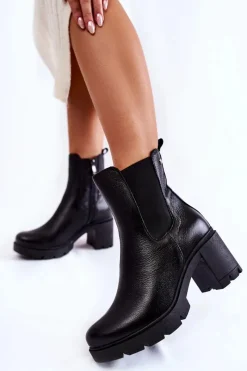 Boto Skórzane Damskie Botki Na Platformie Czarne Martine