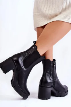 Boto Skórzane Damskie Botki Na Platformie Czarne Martine