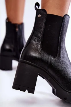 Boto Skórzane Damskie Botki Na Platformie Czarne Martine