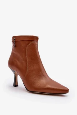 Outlet Skórzane Damskie Botki Na Szpilce 06301-29 Brązowe Damskie Botki Wiosenne|Botki Maciejka