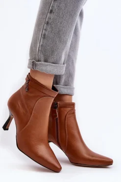 Outlet Skórzane Damskie Botki Na Szpilce 06301-29 Brązowe Damskie Botki Wiosenne|Botki Maciejka