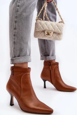 Outlet Skórzane Damskie Botki Na Szpilce 06301-29 Brązowe Damskie Botki Wiosenne|Botki Maciejka