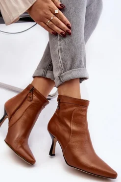 Outlet Skórzane Damskie Botki Na Szpilce 06301-29 Brązowe Damskie Botki Wiosenne|Botki Maciejka