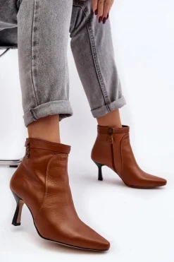 Outlet Skórzane Damskie Botki Na Szpilce 06301-29 Brązowe Damskie Botki Wiosenne|Botki Maciejka