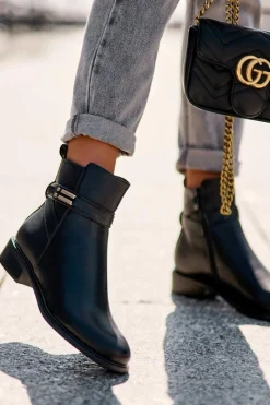 Outlet Skórzane Damskie Botki Na Płaskim Obcasie Czarne Lucadi Damskie Czarne Botki|Botki Płaskie