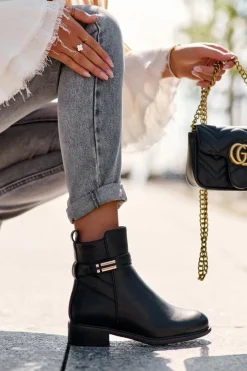 Outlet Skórzane Damskie Botki Na Płaskim Obcasie Czarne Lucadi Damskie Czarne Botki|Botki Płaskie