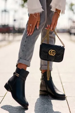 Outlet Skórzane Damskie Botki Na Płaskim Obcasie Czarne Lucadi Damskie Czarne Botki|Botki Płaskie