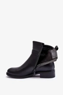 Outlet Skórzane Damskie Botki Na Płaskim Obcasie Czarne Lucadi Damskie Czarne Botki|Botki Płaskie