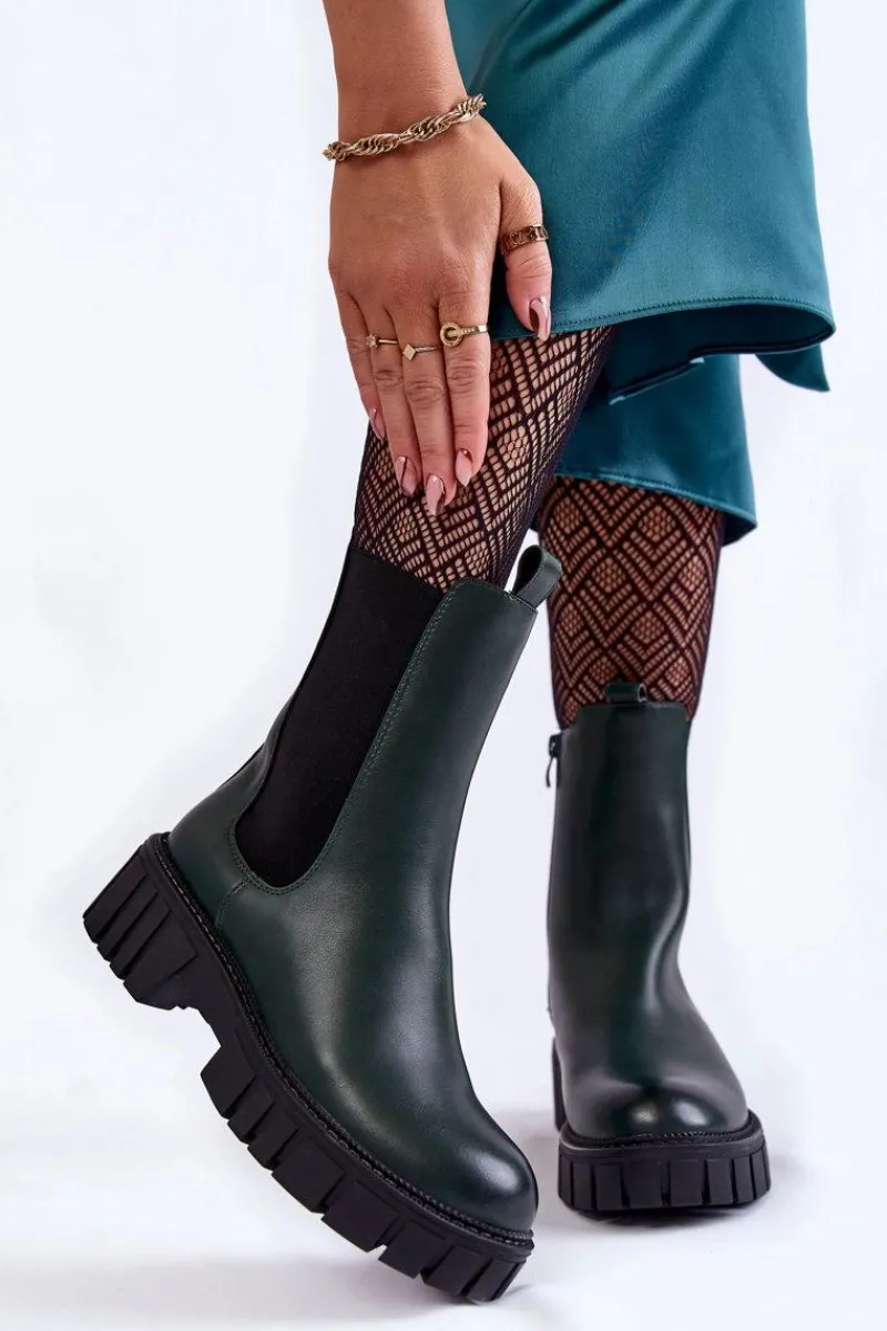 Clearance Buty Sergio Leone Skórzane Damskie Botki Na Platformie Zielone Bente