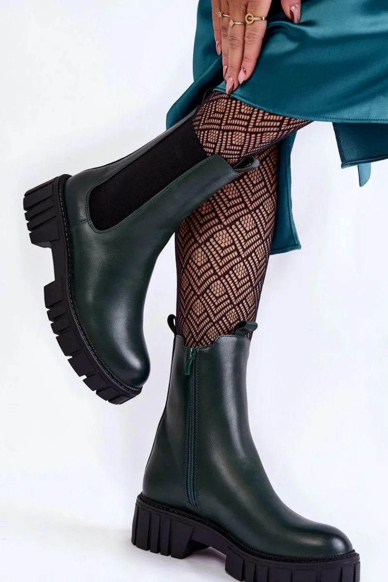 Clearance Buty Sergio Leone Skórzane Damskie Botki Na Platformie Zielone Bente