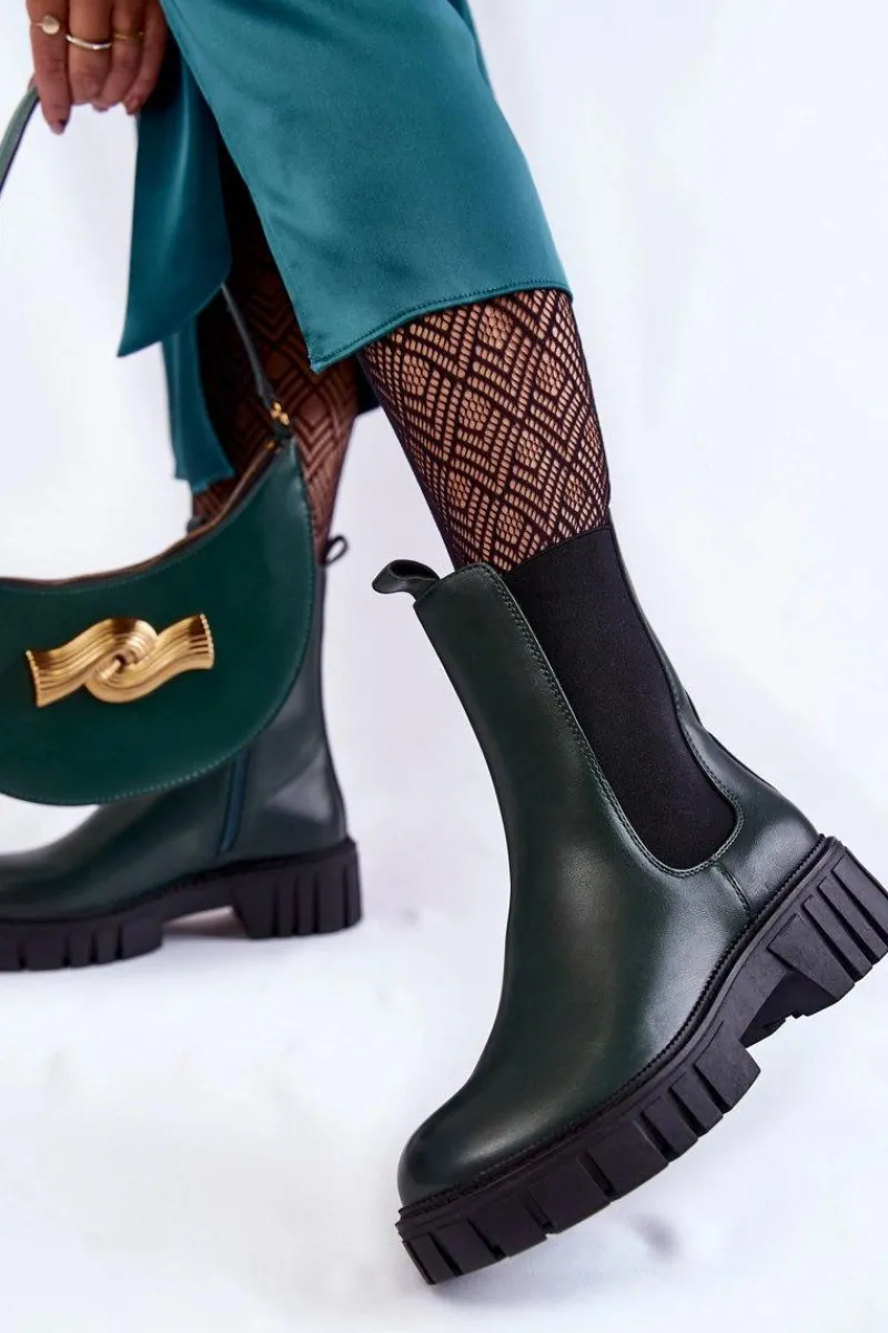 Clearance Buty Sergio Leone Skórzane Damskie Botki Na Platformie Zielone Bente