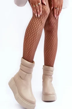 Skórzane Damskie Botki Na Platformie Jasnobeżowe Lemar Suam Damskie Botki Skórzane|Botki Na Koturnie