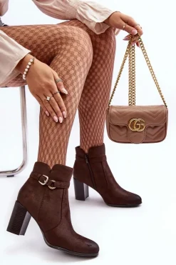 Best Skórzane Damskie Botki Na Słupku Z Klamrą Brązowe Lasima Damskie Botki Zimowe Damskie|Brązowe I Beżowe Botki