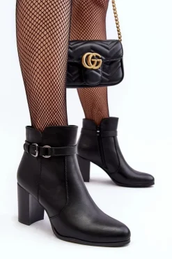 New Buty Sergio Leone Skórzane Damskie Botki Na Słupku Z Klamrą Czarne Lasima