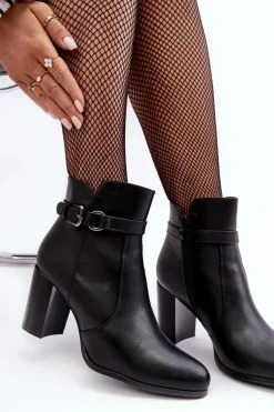 New Buty Sergio Leone Skórzane Damskie Botki Na Słupku Z Klamrą Czarne Lasima