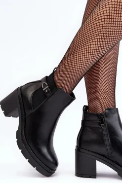 Botki Wiosenne|Botki Na Słupku>Boto Skórzane Damskie Botki Na Masywnym Słupku Czarne Belinda