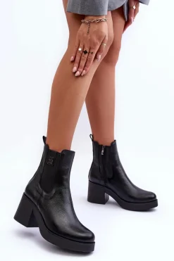 Clearance Boto Skórzane Damskie Botki Na Obcasie Czarne Lemar Kodra