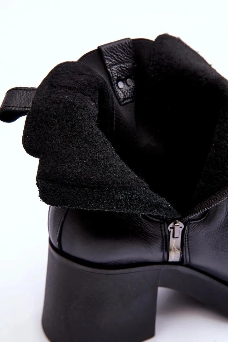 Clearance Boto Skórzane Damskie Botki Na Obcasie Czarne Lemar Kodra