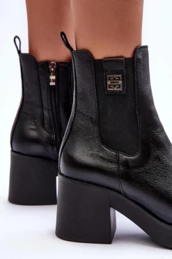 Clearance Boto Skórzane Damskie Botki Na Obcasie Czarne Lemar Kodra