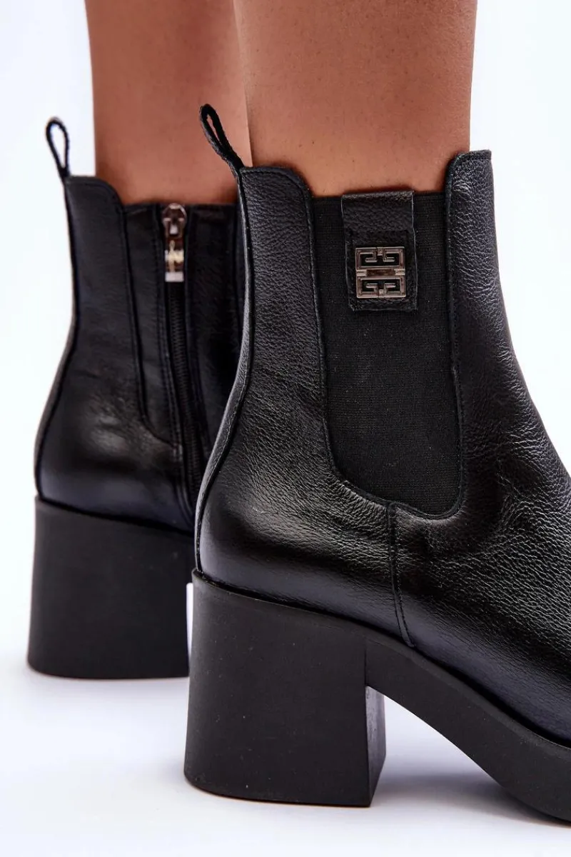 Clearance Boto Skórzane Damskie Botki Na Obcasie Czarne Lemar Kodra