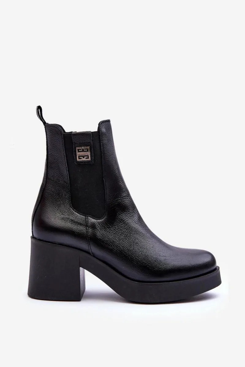 Clearance Boto Skórzane Damskie Botki Na Obcasie Czarne Lemar Kodra