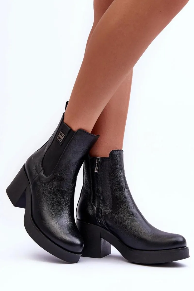 Clearance Boto Skórzane Damskie Botki Na Obcasie Czarne Lemar Kodra