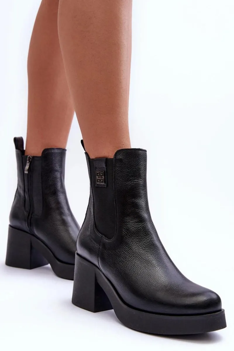 Clearance Boto Skórzane Damskie Botki Na Obcasie Czarne Lemar Kodra