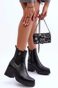 Clearance Boto Skórzane Damskie Botki Na Obcasie Czarne Lemar Kodra