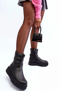 Botki Na Koturnie|Botki Zimowe Damskie>Boto Skórzane Damskie Botki Na Platformie Czarne Lemar Suam