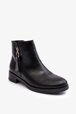 Discount Evento Skórzane Damskie Botki Płaskie Czarne Vasica Czarny