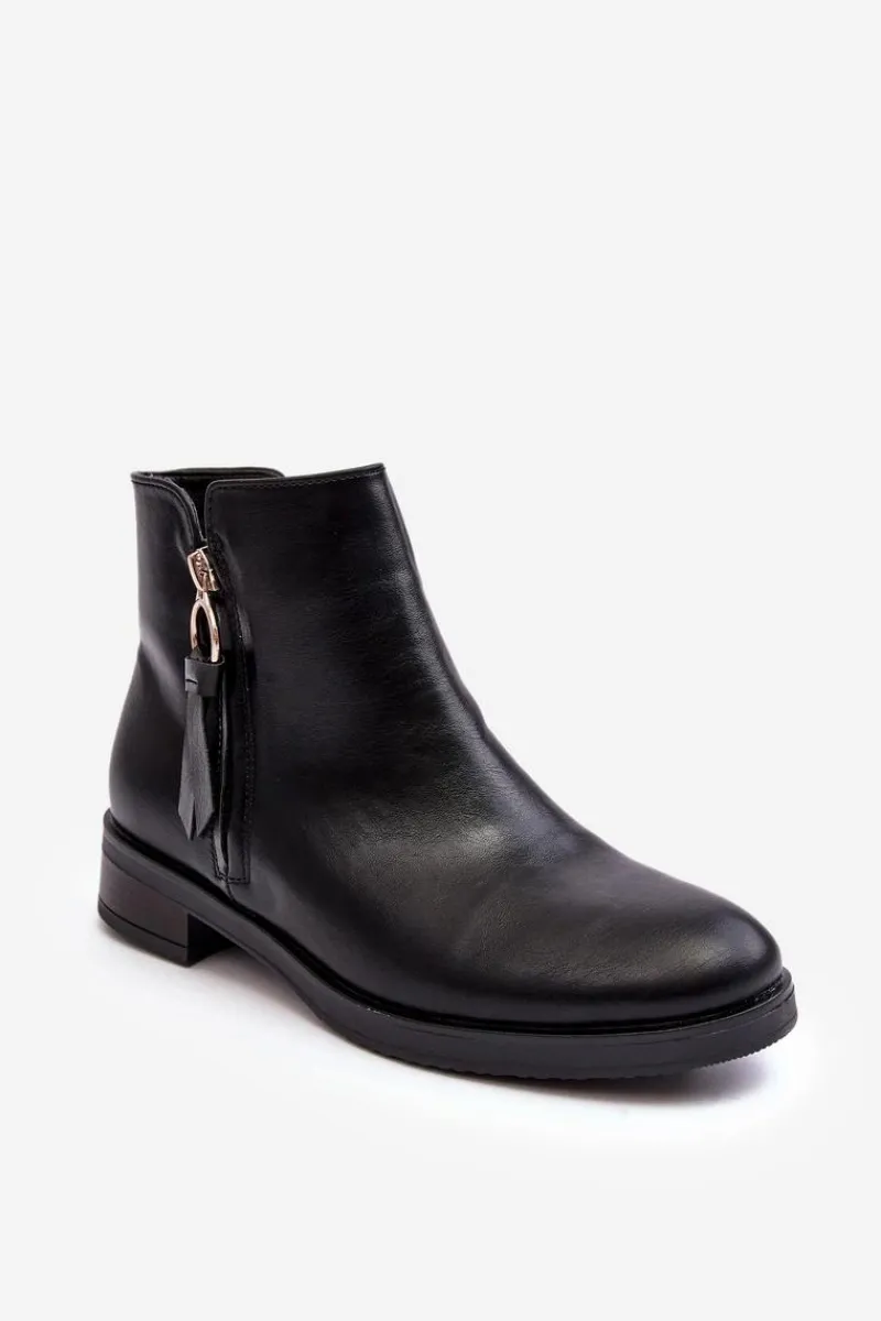 Discount Evento Skórzane Damskie Botki Płaskie Czarne Vasica Czarny