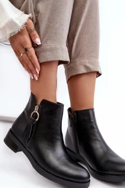 Discount Evento Skórzane Damskie Botki Płaskie Czarne Vasica Czarny