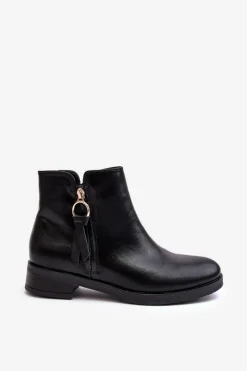 Discount Evento Skórzane Damskie Botki Płaskie Czarne Vasica Czarny