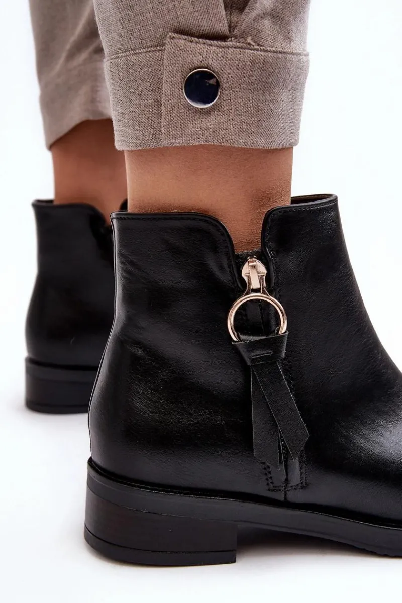 Discount Evento Skórzane Damskie Botki Płaskie Czarne Vasica Czarny