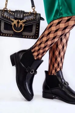 Clearance Skórzane Damskie Botki Płaskie Czarne Elin Damskie Czarne Botki|Botki Płaskie