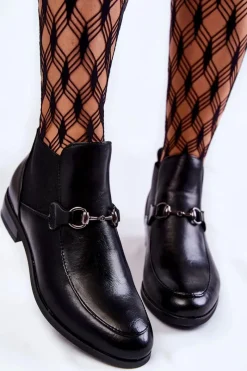 Clearance Skórzane Damskie Botki Płaskie Czarne Elin Damskie Czarne Botki|Botki Płaskie