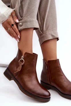 Hot Evento Skórzane Damskie Botki Płaskie Brązowe Vasica