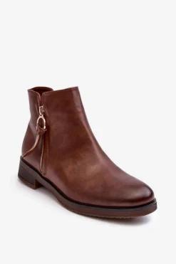 Hot Evento Skórzane Damskie Botki Płaskie Brązowe Vasica