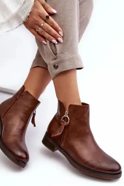 Hot Evento Skórzane Damskie Botki Płaskie Brązowe Vasica