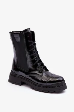 Damskie Trapery|Botki Skórzane>Boto Skórzane Damskie Botki Workery Sznurowane Czarne Nicole 2836 Czarny