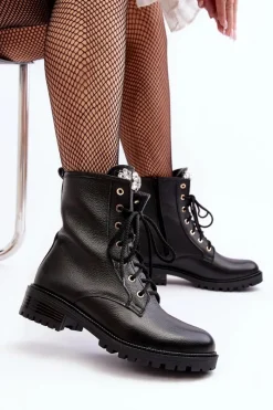 Botki Ocieplane|Botki Skórzane></noscript>Zazoo Skórzane Damskie Botki Workery Z Ozdobą 1757 Czarne