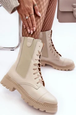 Clearance Skórzane Damskie Botki Workery Sznurowane Jasnobeżowe Nicole 2836 Damskie Damskie Trapery|Botki Skórzane